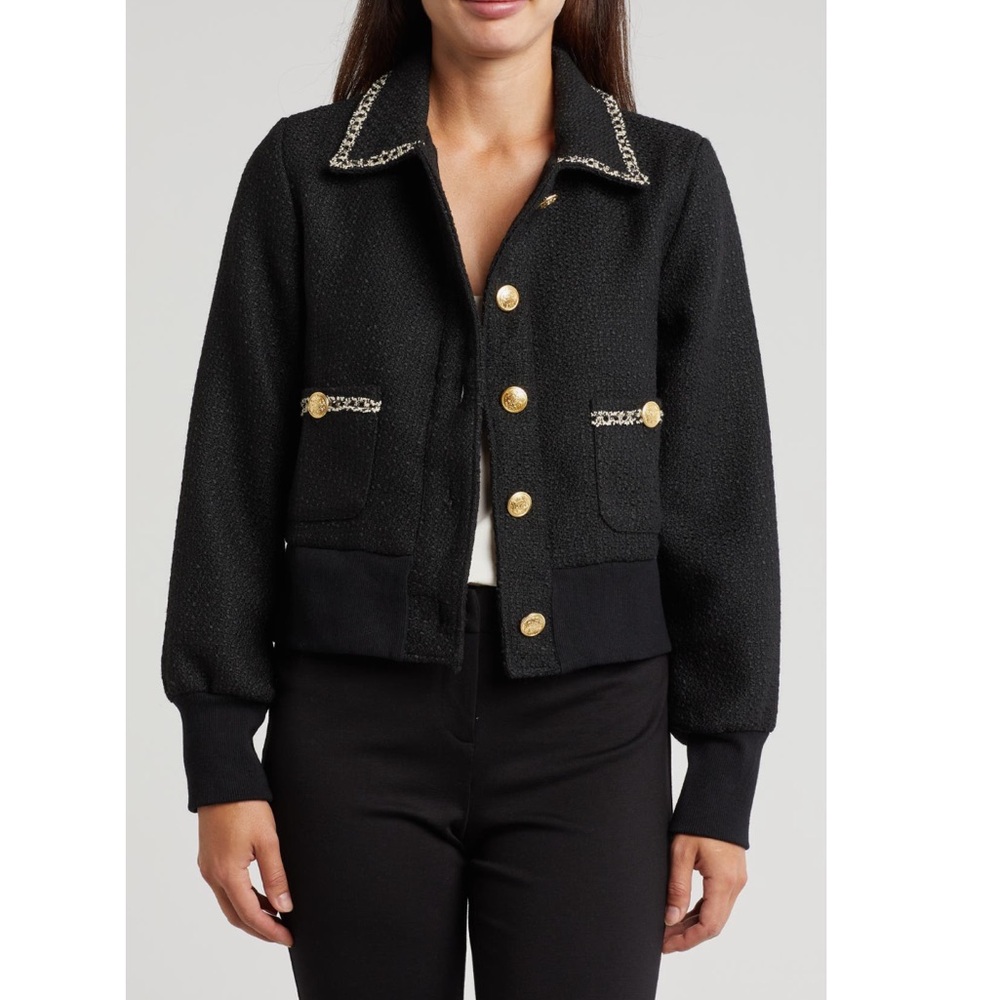 Ellen Tracy Black Tweed Bomber Jacket With Gold Tome Accent Buttons - Reemoly
